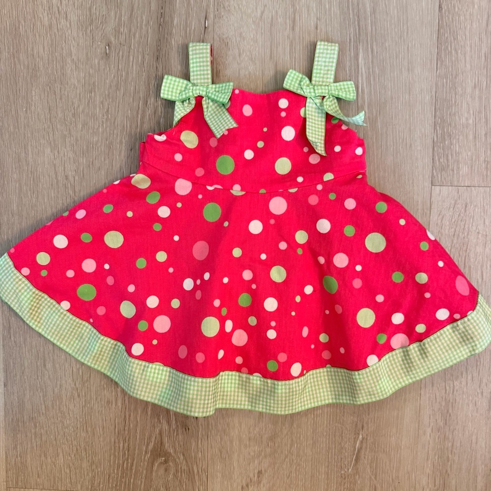 Bonnie Baby Pink & Green Polka Dot Bow Dress - Size 3-6M